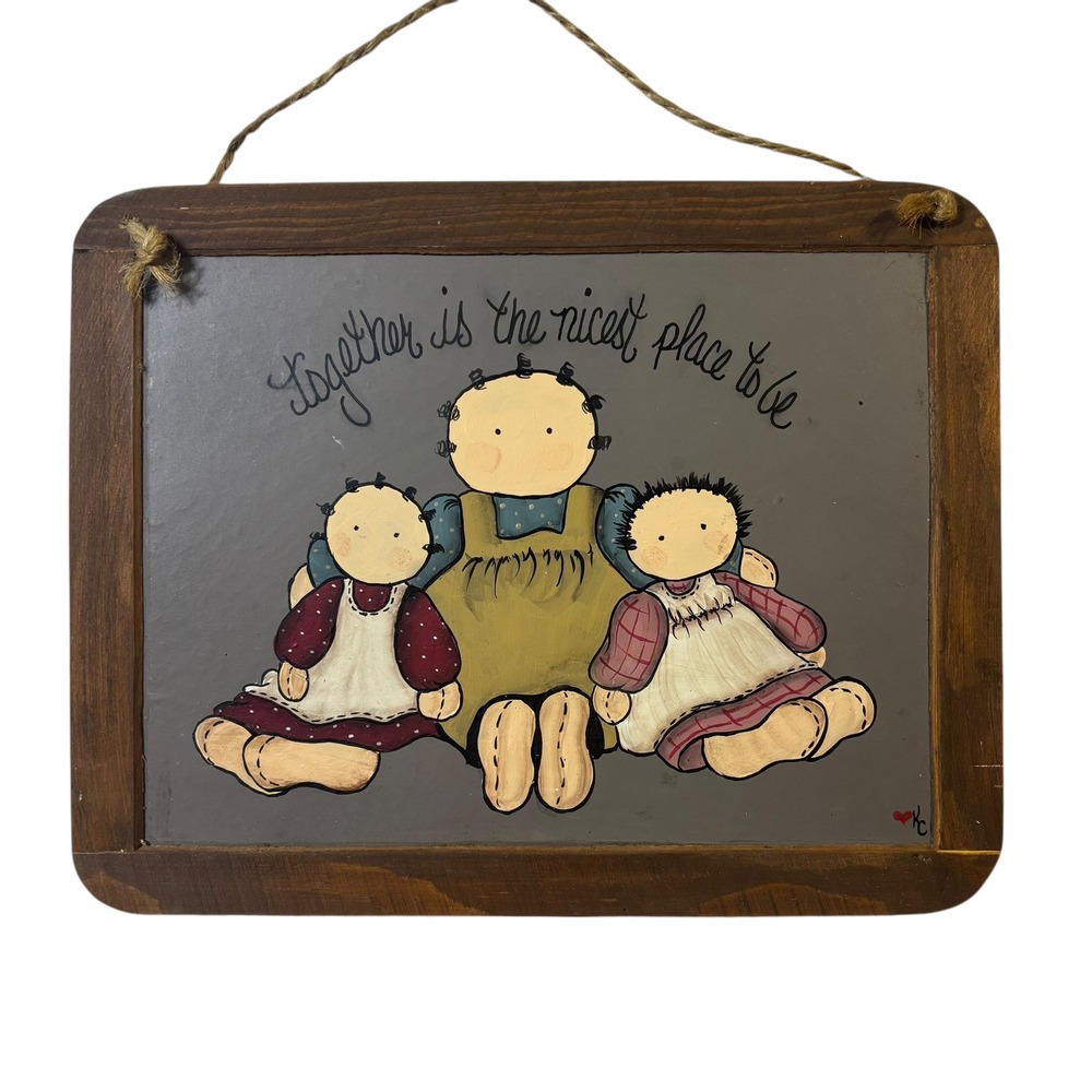 Handmade Folk Art Plaque Together is‎ The Nicest Place To Be Sitting Dolls